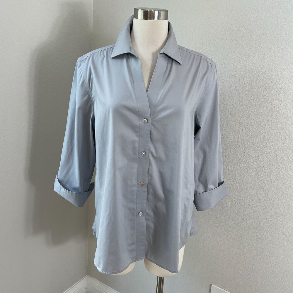 Foxcroft NYC Womens XL Non Iron Stretch Button Up Shirt Gray 3/4 Sleeve Blouse